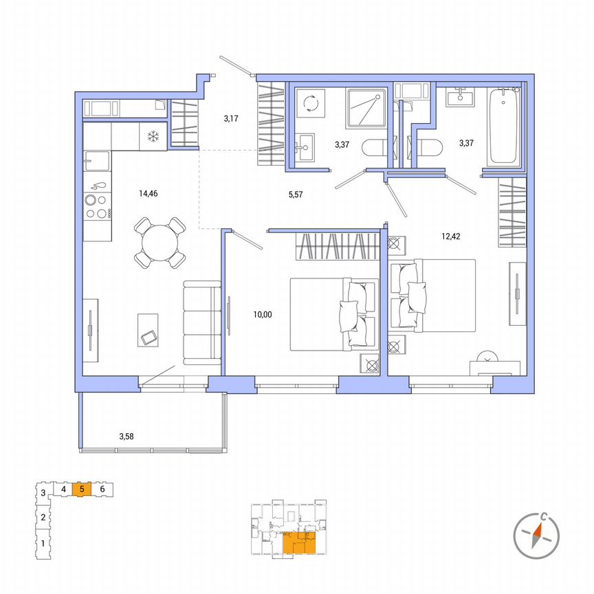 2-к. квартира, 53,4 м², 6/7 эт.