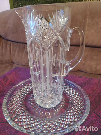 Графин хрустальный на подносе со стаконом, винтаж