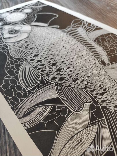 Картина, ручная графика, линер/бумага, 42х23см