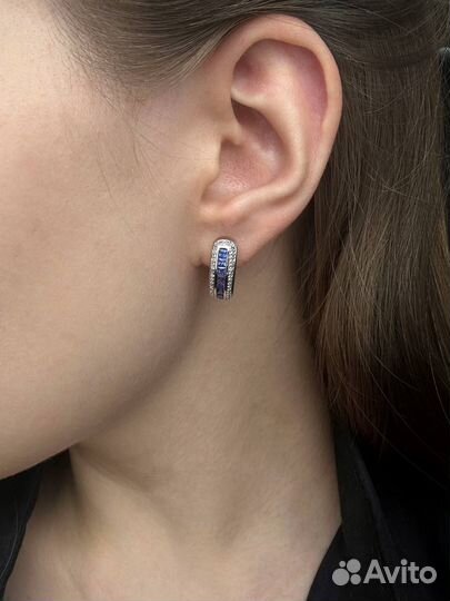 Золотые серьги с бриллиантами, сапфир 585 / 6.96 г