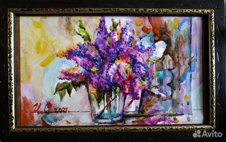 Картина гладиолусы, гранат. букет сирени