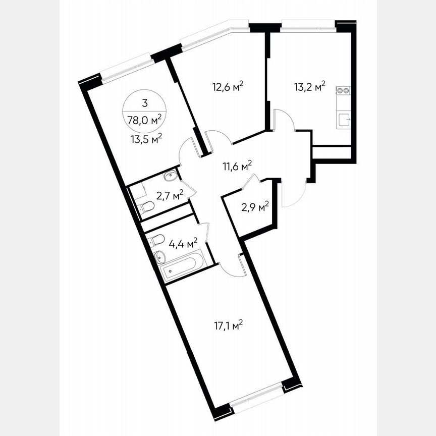 3-к. квартира, 78 м², 2/17 эт.