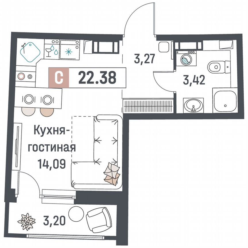Квартира-студия, 22,4 м², 4/18 эт.