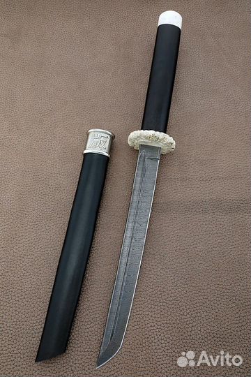 Нож Танто большой дамаск черный граб рог лося дере