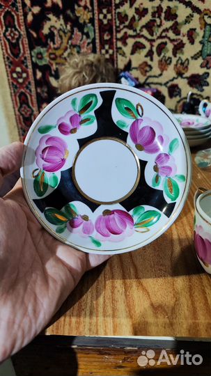 Чайная пара цветы на чёрном с позолотой Вербилки