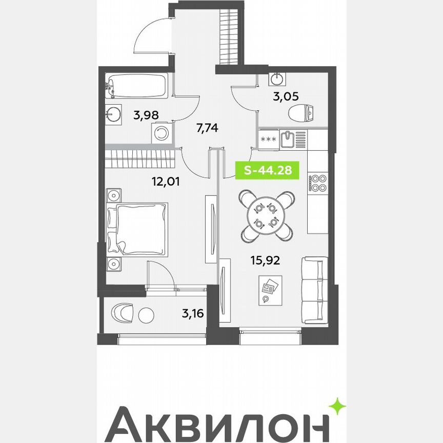 1-к. квартира, 44,3 м², 1/12 эт.