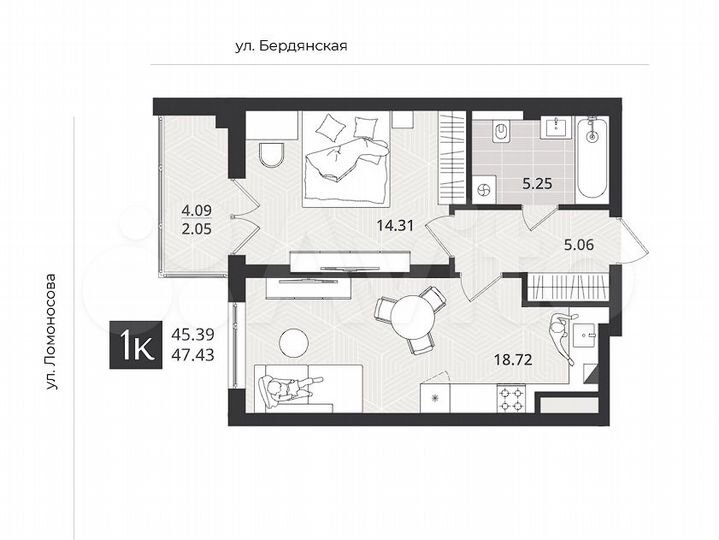 1-к. квартира, 45,4 м², 1/5 эт.
