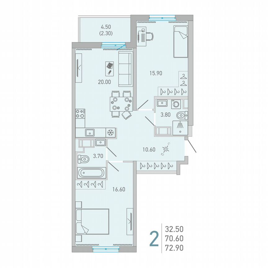 2-к. квартира, 72,9 м², 12/17 эт.