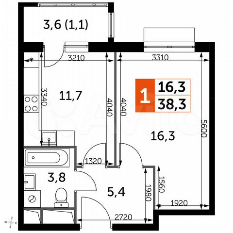 1-к. квартира, 38,3 м², 6/16 эт.