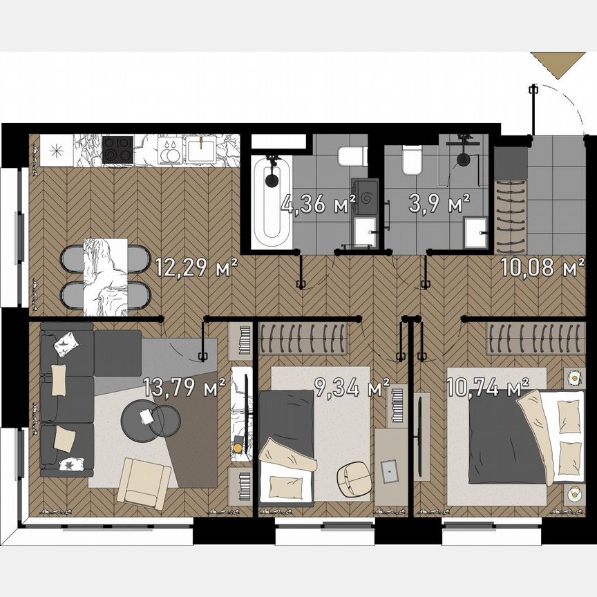 3-к. апартаменты, 66,8 м², 4/23 эт.