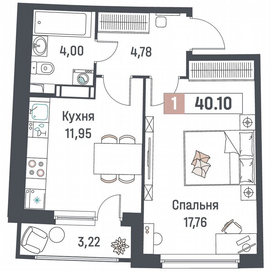 1-к. квартира, 40,1 м², 7/18 эт.