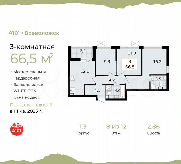 3-к. квартира, 66,5 м², 8/12 эт.