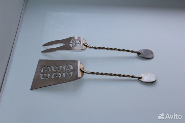 Большие лопатка и вилка мельхиор эмаль