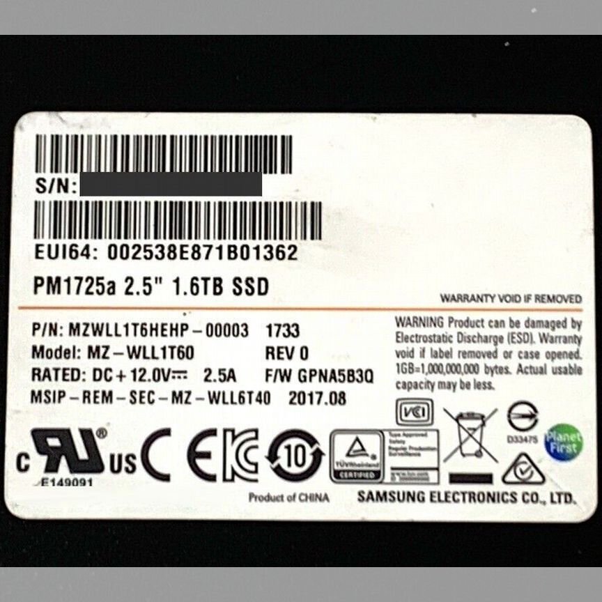 [PM1725A] Samsung /Pm 1725 A 1.6 Tb Pm1725a