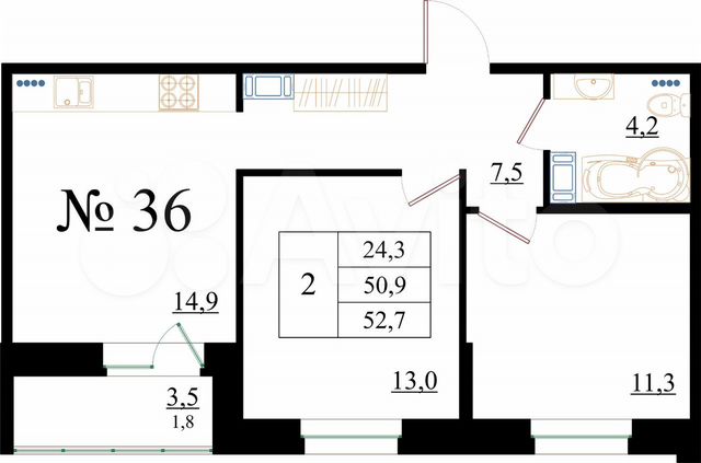 2-к. квартира, 52,7 м², 4/8 эт.