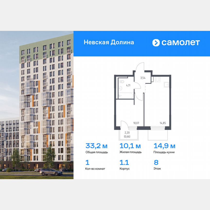 1-к. квартира, 33,2 м², 8/12 эт.