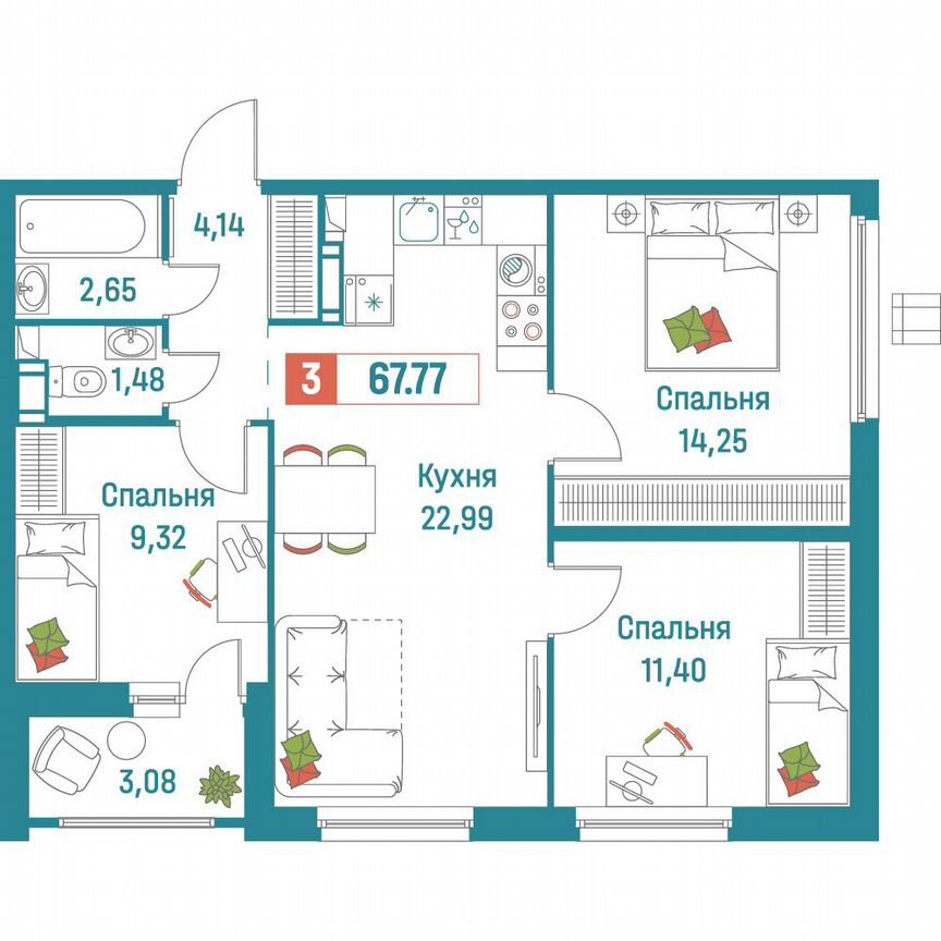 3-к. квартира, 67,8 м², 9/18 эт.
