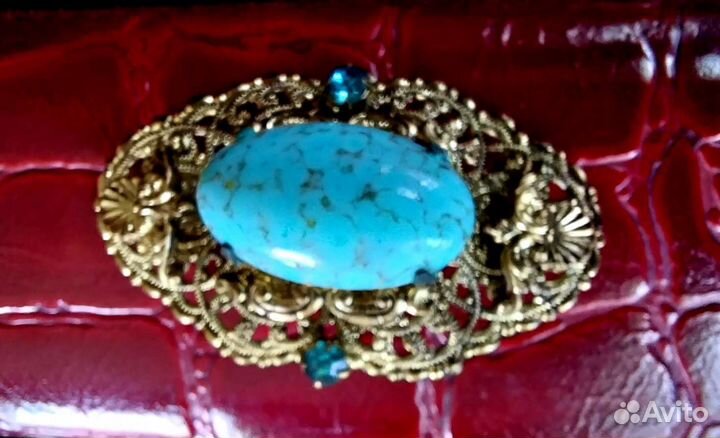 Брошь бирюза лазурит/винтаж, филигрань латунь