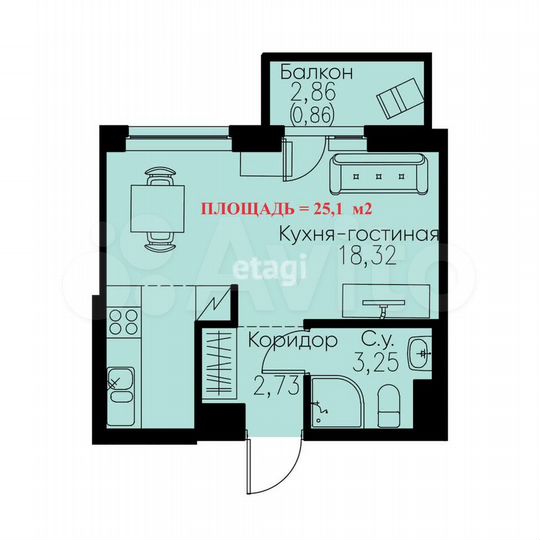 Квартира-студия, 25,2 м², 3/12 эт.