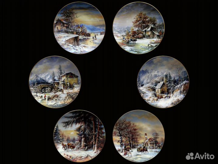 Винтаж живописные зимние пейзаж Германия 6 тарелок