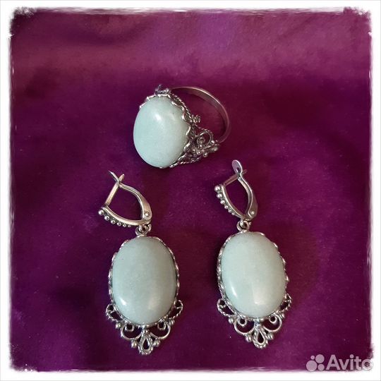 Серьги + кольцо с нефритом