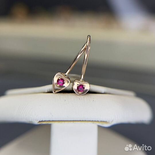 Золотые серьги детские 585 проба золото с рубином