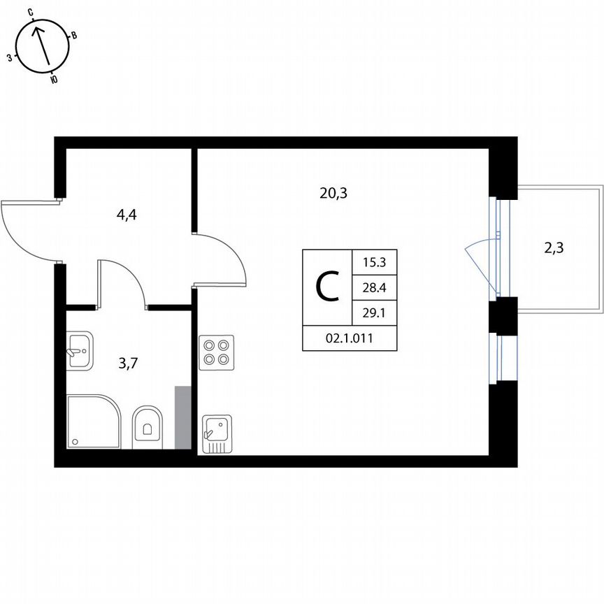 Квартира-студия, 29,1 м², 2/3 эт.