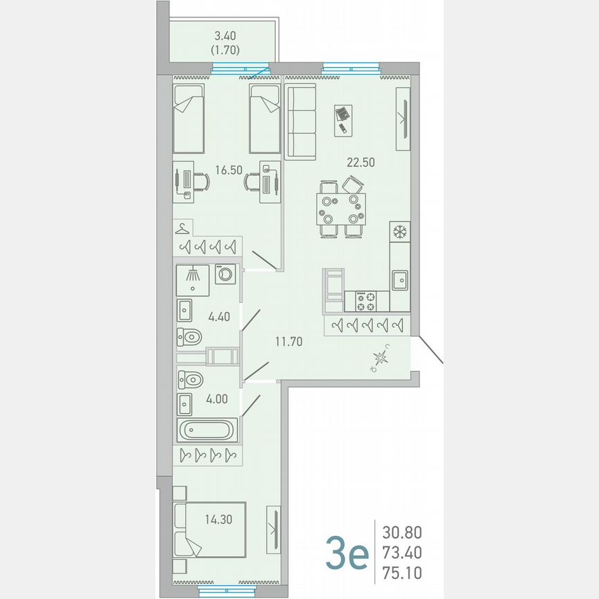 2-к. квартира, 75,1 м², 16/16 эт.