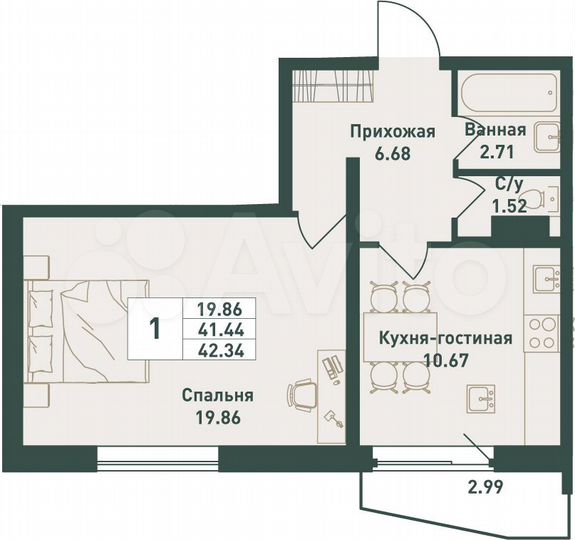 1-к. квартира, 42,3 м², 4/16 эт.