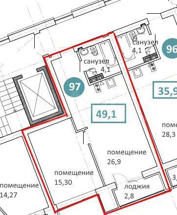1-к. апартаменты, 49,1 м², 2/6 эт.