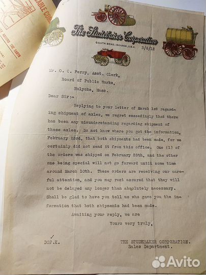 Переписка фирмы Studebaker 1912 года, документы