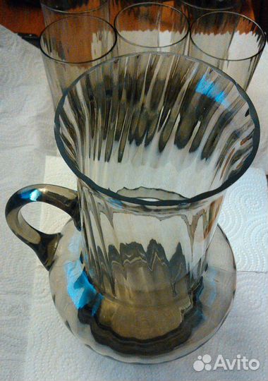 Графин и 6 стаканов темное черное стекло СССР