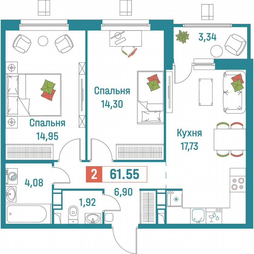 2-к. квартира, 61,6 м², 14/18 эт.