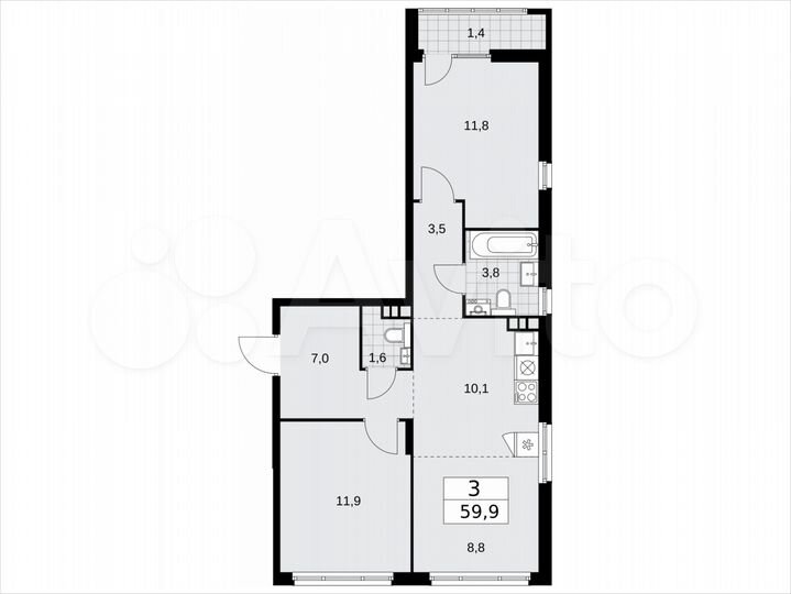 3-к. квартира, 59,9 м², 6/16 эт.