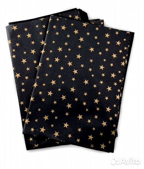 Бумага тишью, золотые звезды на черном, 8 листов