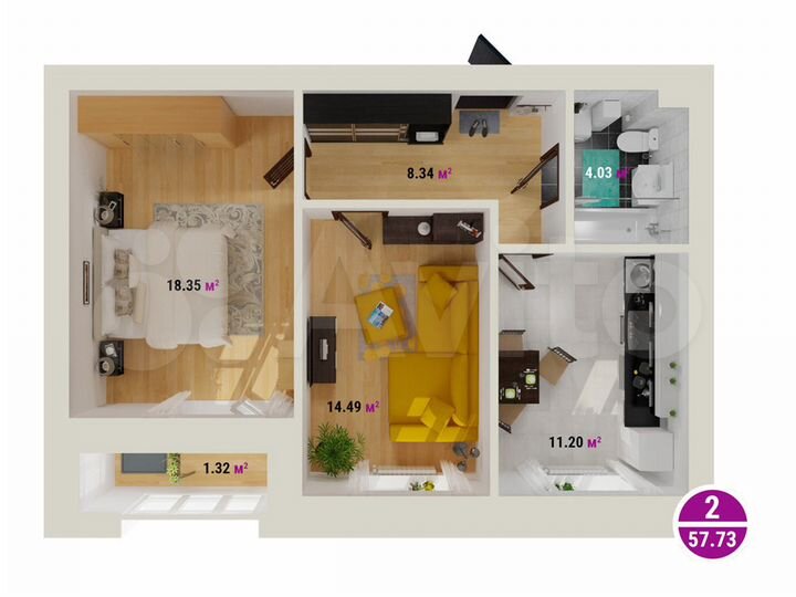 2-к. квартира, 57,7 м², 2/8 эт.