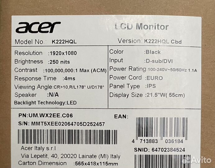 Монитор Acer K222hqlcbd 1920x1080 60Hz 21.5