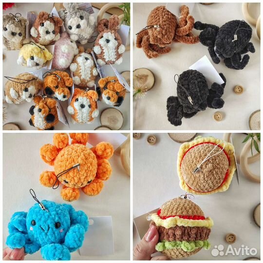 Вязаные игрушки лягушки гусь утёнок кот паук дино