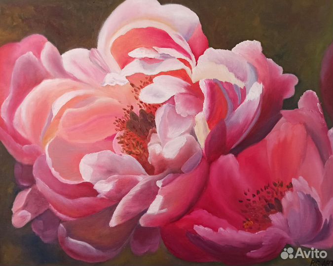 Картина маслом с цветами пионы 40х50см интерьерная