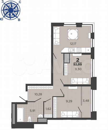 2-к. квартира, 52,1 м², 17/26 эт.