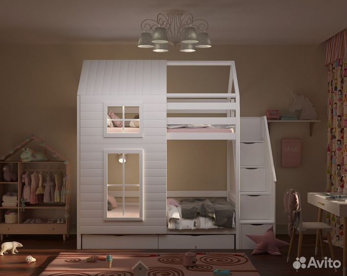 Детская кровать двухъярусная с окошками