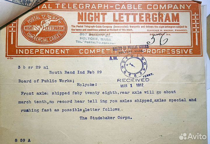 Переписка фирмы Studebaker 1912 года, документы