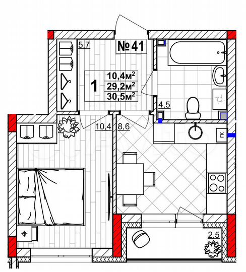 1-к. квартира, 30,5 м², 1/4 эт.
