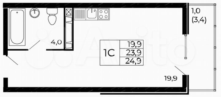 Квартира-студия, 24,9 м², 19/19 эт.