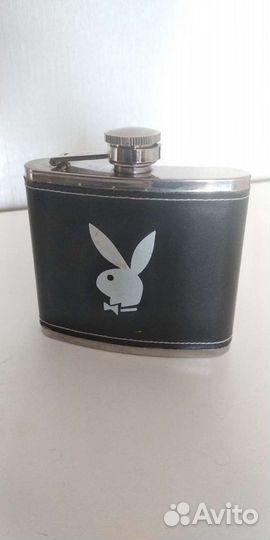 Фляжка Playboy из США. Стальная, натуральная кожа