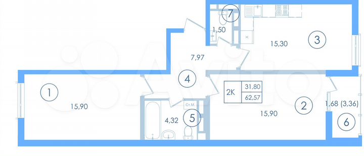 2-к. квартира, 62,6 м², 12/13 эт.