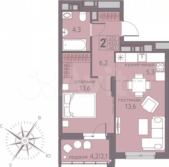 2-к. квартира, 45,1 м², 6/22 эт.