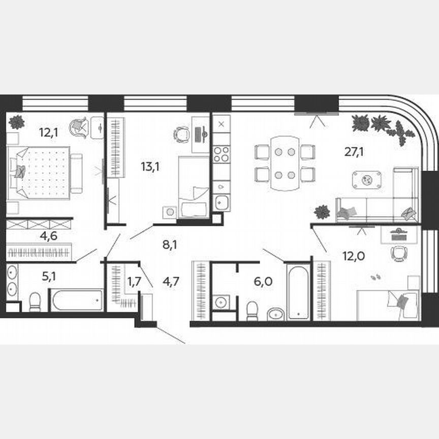 3-к. квартира, 94,5 м², 22/27 эт.