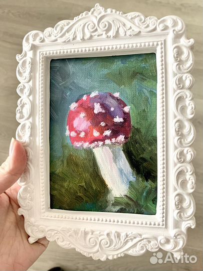 Картина маслом в рамке, гриб мухомор 15х21