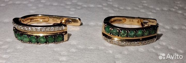 Золотые серьги и кольцо с изумрудом и бриллиант